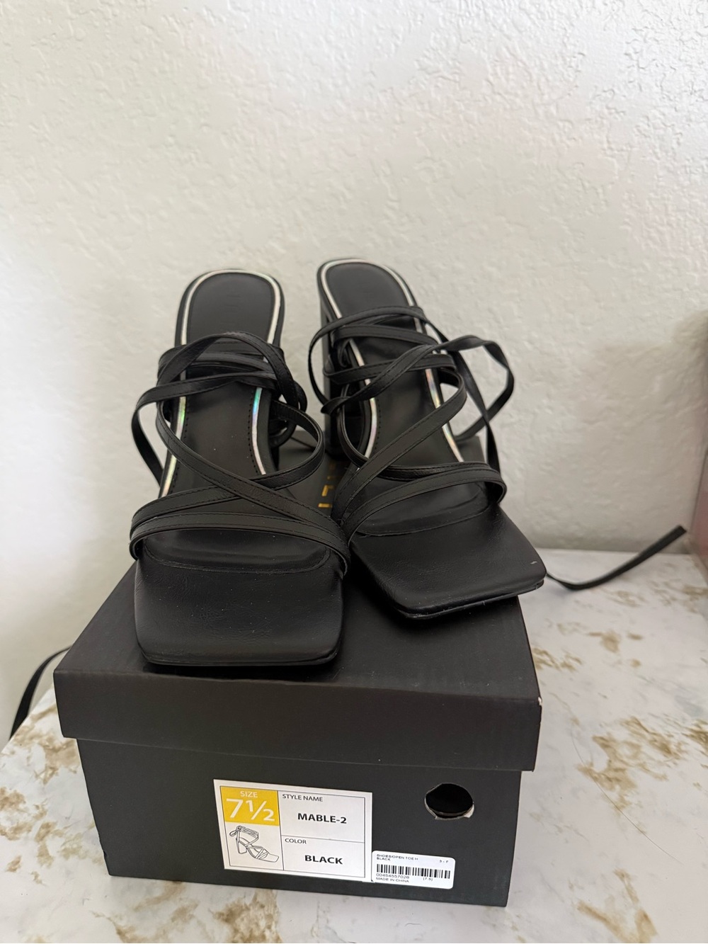 Black Strappy Square-Toe Heeled Sandals - Brand: